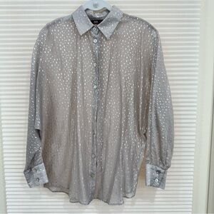 Zara Long Sleeve Button Down Shirt Polka Dot Silver Gray S